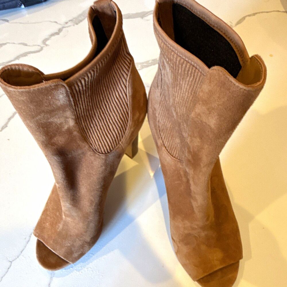 Vince Elsie Brown Suede Open Toe Ankle Booties Slip-On Stretch US 10 EU 40